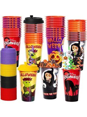 Halloween Party Favor Goodie Cups with Lids & Straws - 48 Sets Bulk Pack